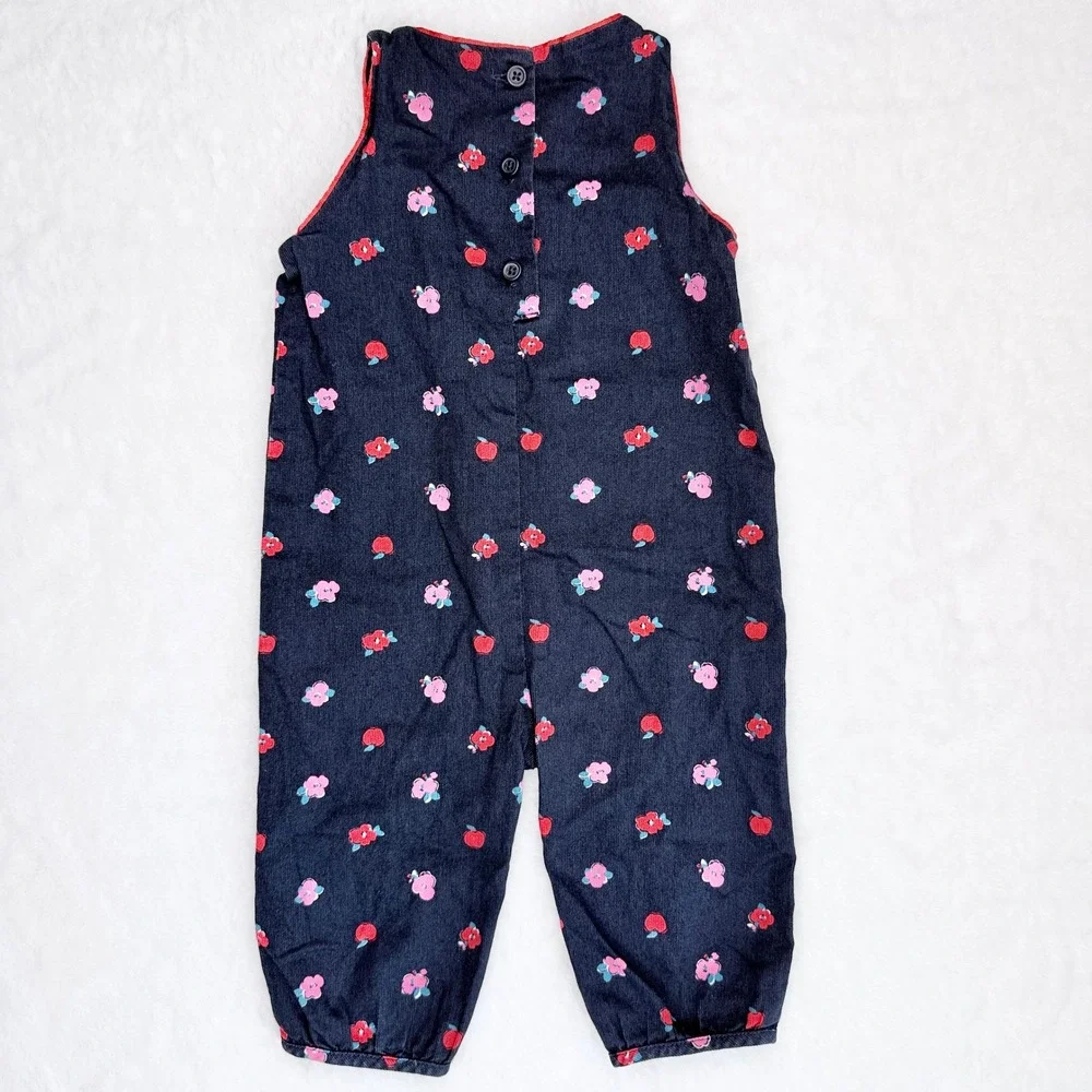 Gymboree Denim 2016 Romper Baby Girl 3-6 Months Navy Blue Floral Apple Y2K